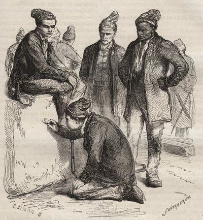 Soorten galerijen van de bagne van Brest in de 19e eeuw. Gravure in “Histoire des bagnes depuis leur création à nos jours” (1877). Privécollectie door Anonymous Anonymous