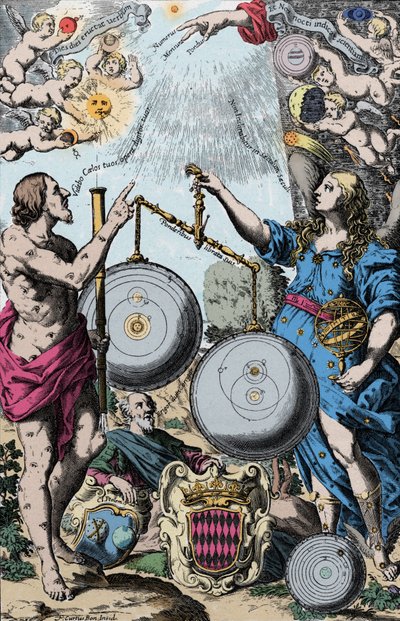 Urania, de muze van de astronomie, afgebeeld voor Argus, met een telescoop. Ze wegen en vergelijken het systeem van Copernicus (links) en dat van de jezuïet Giovanni Riccioli geïnspireerd door dat van Tycho Brahe (dat de geocentrische visies van Ptolemeus  door Anonymous Anonymous