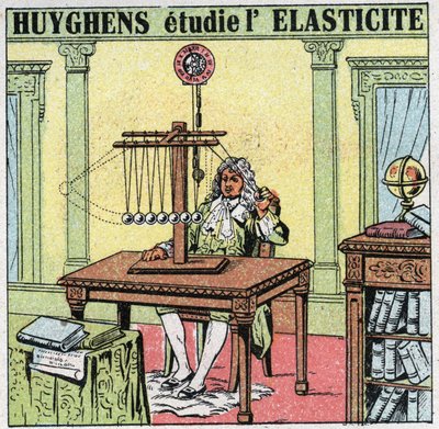 Trillingsbewegingen: Christiaan Huygens (1629-1695) bestudeert de elasticiteit van het materiaal door ivoren kralen te observeren. Anonieme illustratie uit 1925. Privécollectie. door Anonymous Anonymous