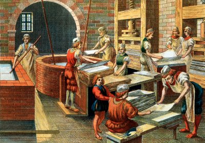Zicht op een papierfabriek in Fabriano in de 16e eeuw, Italië. De verschillende stappen. Illustratie door Anonymous Anonymous