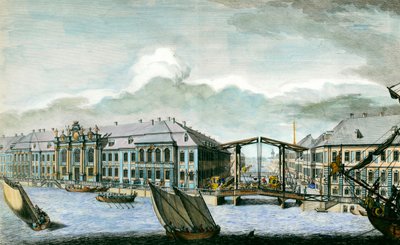 Uitzicht op het voormalige Winterpaleis van de Moika en Neva-kanaal in Sint-Petersburg. 18e-eeuwse gravure. Sint-Petersburg, Hermitage Bibliotheek door Anonymous Anonymous