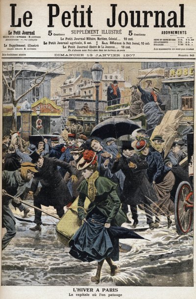 Winter in Parijs: de palen waden door de gesmolten sneeuw en de diligence van voorbijgangers. Gravure op de voorpagina van de Petity Journal door Anonymous Anonymous