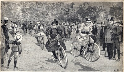 Vrouwenrace van velocipedisten in het Bois de Boulogne bij Parijs. Gravure in 