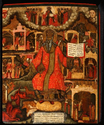 Sint Modestus, Patriarch van Jeruzalem met scènes uit zijn leven, Eind 17e eeuw door Anonymous Russian icon painter