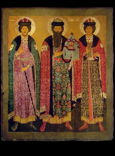 Sint Vsevolod Mstislavich, Prins van Pskov met Heiligen Boris en Gleb, begin 17e eeuw door Anonymous Russian icon painter