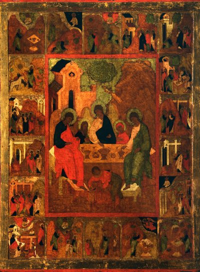 De gastvrijheid van Abraham Oude Testament Drie-eenheid, eind 16e eeuw door Anonymous Russian icon painter