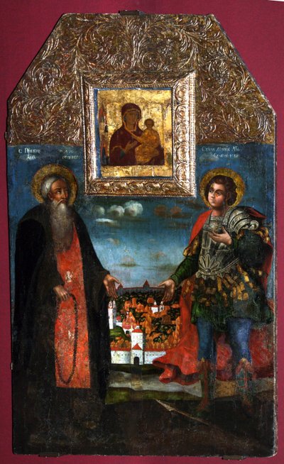 De Maagd Hodegetria van Smolensk met Heiligen Abraham van Smolensk en Mercurius van Smolensk, 1722 door Anonymous Russian icon painter