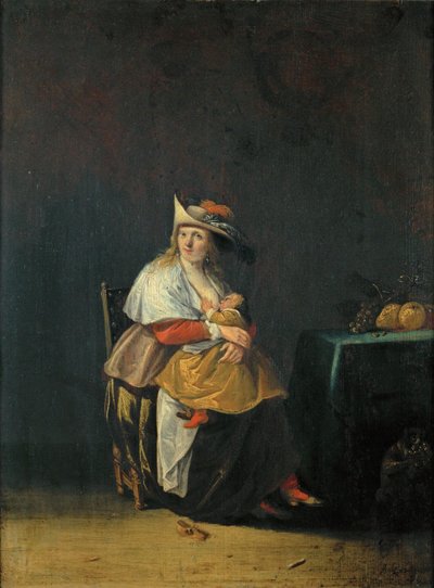 De vijf zintuigen: smaak, een vrouw die haar kind verzorgt ... door Anthonie (1601-73) Palamedesz