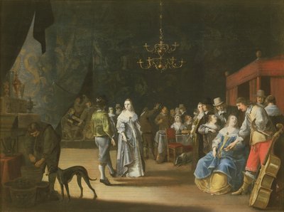 Het Banket, een dansend paar met feestvierende mensen op de achtergrond door Anthonie Palamedesz