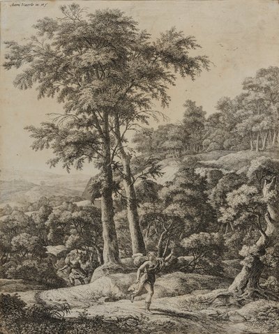 Landschap met jageres (ets) door Anthonie Waterloo