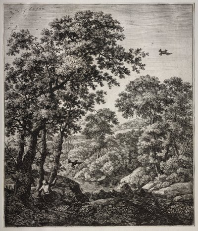 Zes grote staande landschappen met scènes uit het Oude Testament: Elia gevoed door de raven door Anthonie Waterloo