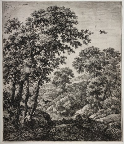 Zes grote staande landschappen met scènes uit het Oude Testament: Elia gevoed door de raven door Anthonie Waterloo