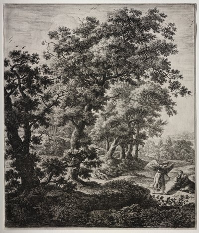 Zes grote staande landschappen met scènes uit het Oude Testament: Hagar Getroost door de Engel door Anthonie Waterloo
