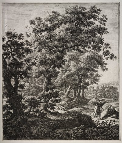Zes grote staande landschappen met scènes uit het Oude Testament: Hagar getroost door de Engel door Anthonie Waterloo