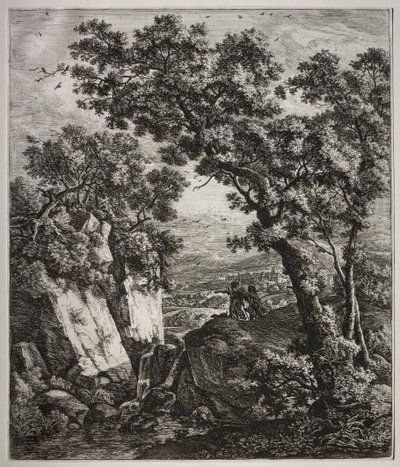 Zes grote staande landschappen met scènes uit het Oude Testament: Tobias en de Engel door Anthonie Waterloo