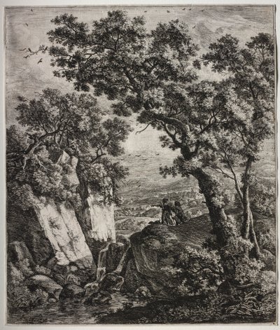 Zes grote staande landschappen met scènes uit het Oude Testament: Tobias en de Engel door Anthonie Waterloo