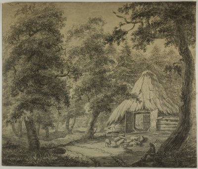 Strohut in het bos met herder en schapen door Anthonie Waterloo