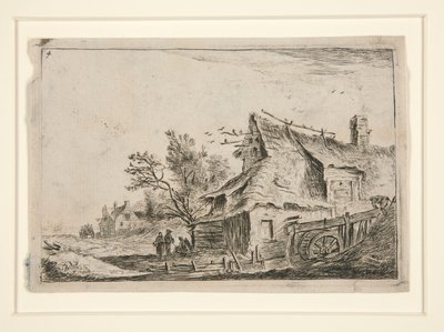 Dorp met een watermolen, uit een set van 12 landschapsetsen door Anthonie Waterloo