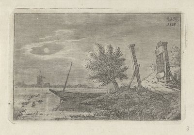 Landschap met boot en openstaand hek door Anthonie Willem Hendrik Nolthenius de Man