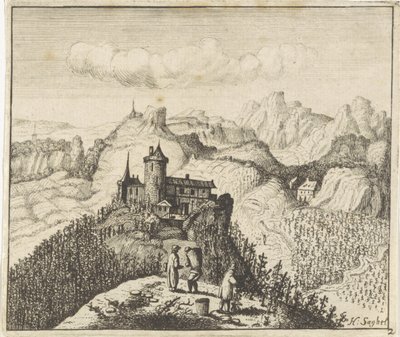 Bergachtig landschap met druivenplukkers door Anthonie de Winter (attributed to)