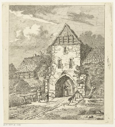 Enkele figuren bij een oude stadspoort door Anthonie van den Bos