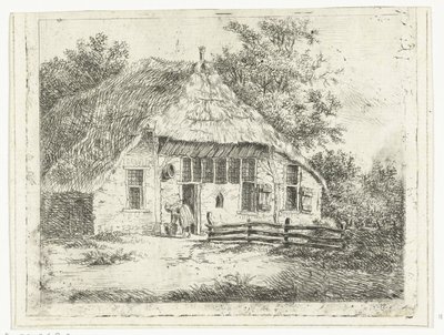 Vrouw voorover gebogen bij een mand voor een huis te Staphorst door Anthonie van den Bos