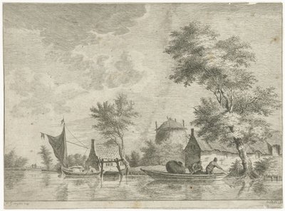 Rivierlandschap met een hooiberg door Anthonij van der Haer