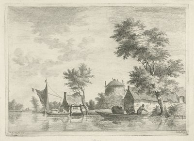 Rivierlandschap met een hooiberg door Anthonij van der Haer