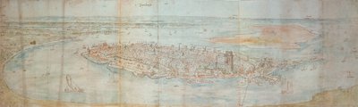 Panoramisch uitzicht op Dordrecht, gezien vanaf een verhoogd punt naar het westen door Anthonis van den Wyngaerde