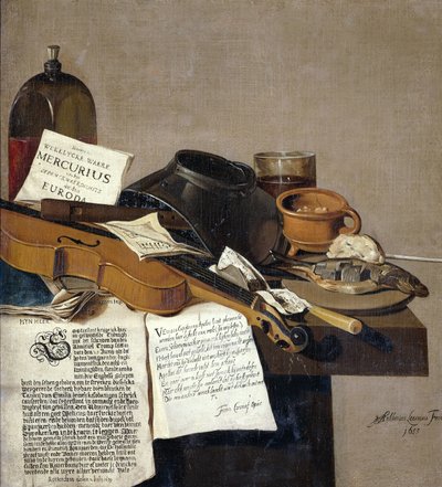 Stilleven met een exemplaar van De Waere Mercurius, een pamflet met het nieuws van Tromps overwinning op drie Engelse schepen op 28 juni 1639, en een gedicht dat het verhaal van Apelles en de schoenmaker vertelt door Anthonius Leemans