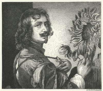 Zelfportret van de Vlaamse barokkunstenaar Anthony Van Dyck (gravure) door Anthony van (after) Dyck