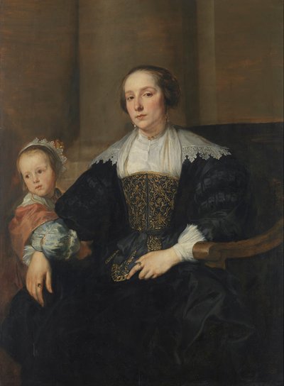 Duits: Bildnis der Anna van Thielen, Gattin des Malers Theodoor Rombouts, mit ihrer Tochter Anna Maria Portret van Anna van Thielen, echtgenote van de schilder Theodor Rombouts met hun dochter Anna Maria door Anthony van Dyck