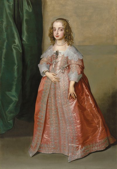 Portret van prinses Mary (1631-1660), dochter van koning Karel I van Engeland, ten voeten uit, in een roze jurk versierd met zilveren borduurwerk en linten door Anthony van Dyck