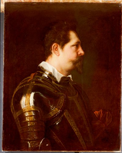 Portret van een generaal, buste lengte, in damasceense wapenrusting met witte kraag en rode sjerp door Anthony van Dyck