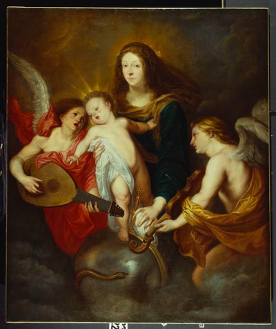 De Maagd en het Kind triomferen over de zonde met twee muzikale engelen door Anthony van Dyck