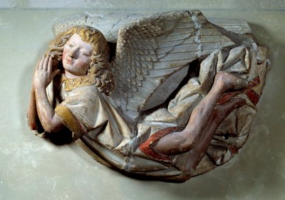 Vliegende engel. Reliëf in polychroom kalksteen toegeschreven aan Antoine le Moiturier (ca. 1490) door Antoine (attr. to) Le Moiturier
