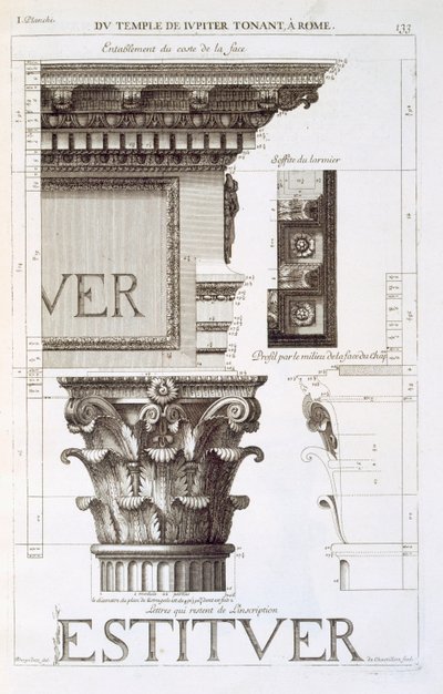Entablement, kapiteel en inscriptie van de Tempel van Jupiter Tonans (De Donderaar), uit 