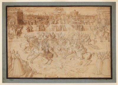 Een ruiterspel met ridders die tussen vuurwerk aan het steekspel zijn, 1575-ca. 1580 door Antoine Caron