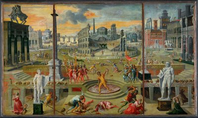 De slachting van het driemanschap. Toespeling op de ... door Antoine Caron