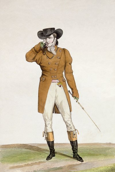 Een Dandy gekleed in een bootvormige hoed, een bruin jasje en buckskin broek, plaat 1 uit de 