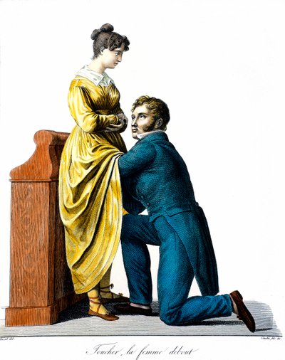 Een vrouw aanraken die staat: Een patiënt raadpleegt een arts die haar onder de jurk onderzoekt. Gravure door Chazal (19e eeuw). Parijs, Academie voor Geneeskunde door Antoine Chazal