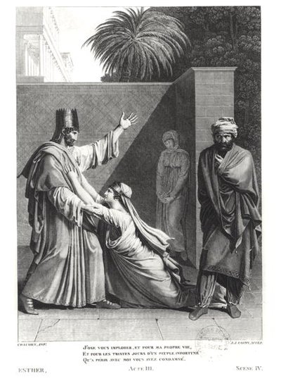 Esther smeekt Assuerus in de aanwezigheid van Aman, illustratie uit Esther door Jean Racine (1639-99) gegraveerd door J.J. Coiny (1761-1809) door Antoine Denis Chaudet