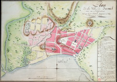Plan van de stad Jacmel met vestingwerken door Antoine François Sorrel des Rivieres