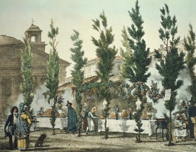 Straatvoedselverkopers bij het Pantheon, prent door Antoine Jean Baptiste Thomas