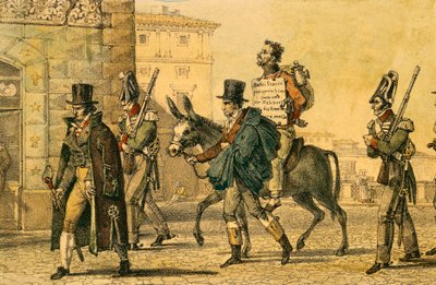 Straf waarbij men door de straten werd geleid op een ezel, lithografie door Jean-Baptiste-Antoine Thomas uit Un Rome door Antoine Jean Baptiste Thomas