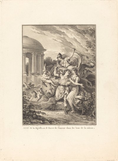 Frontispice: Met de hulp van wijsheid ontsnapt men aan de liefde in de armen van de rede door Antoine Jean Duclos after Jean Michel Moreau