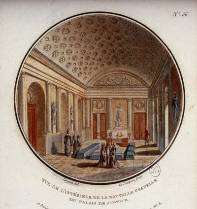Zicht op het interieur van de nieuwe kapel van het gerechtsgebouw, nu Sainte Chapelle, Parijs. In schilderachtige uitzichten van de belangrijkste gebouwen van Parijs door Sergeant door Antoine Louis Francois Sergent Marceau