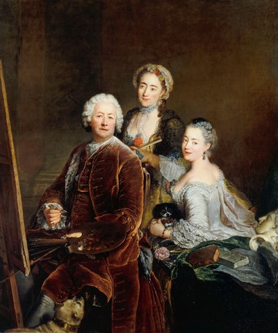Zelfportret met Dochters Henriette Royard en Marie de Rège voor de ezel door Antoine Pesne