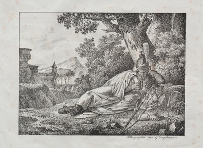 Receuil dessais lithographiques: Rookende Draak liggend aan de voet van een boom door Antoine Pierre Mongin