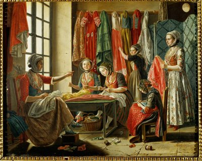 Naaiatelier in Arles ... (olieverf op doek) door Antoine Raspal